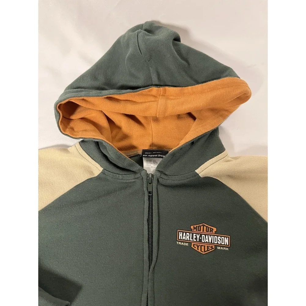 Harley-Davidson Youth Zip Hoodie Size 8/10 Green Orange Beige Jacket